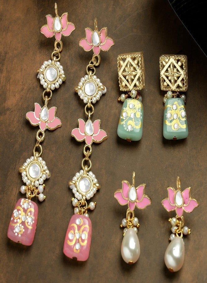 Karatcart Set of 3 Gold Plated Pink Meena Lotus Design Kundan Drop Earrings for Women - Image 4