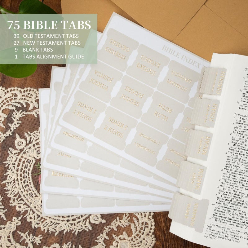 JIXZEN Bible Tabs for Women and Men, 75 Laminated Index Tabs with Embossed Gold Foil Lettering, Durable Neutral Bible Study Tabs for Easy Navigation, Bible Journaling Supplies - Image 4