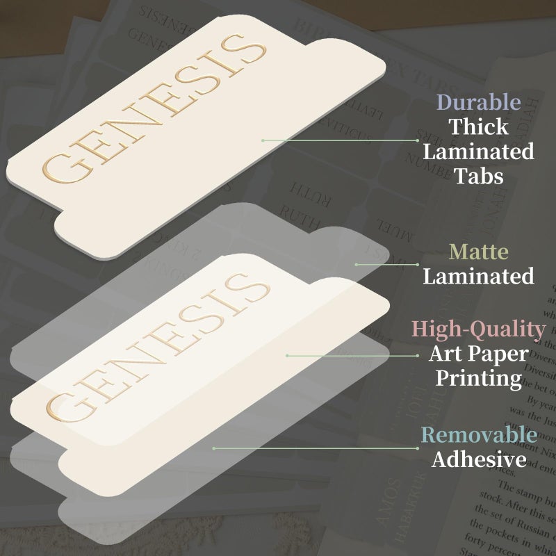JIXZEN Bible Tabs for Women and Men, 75 Laminated Index Tabs with Embossed Gold Foil Lettering, Durable Neutral Bible Study Tabs for Easy Navigation, Bible Journaling Supplies - Image 2