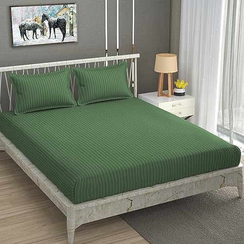 BDWEAVES 200 TC Stripe Glace Cotton BedSheet with Pillow Cover (Green, Single) - Image 2