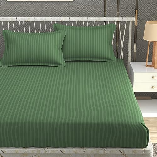 BDWEAVES 200 TC Stripe Glace Cotton BedSheet with Pillow Cover (Green, Single) - Image 1