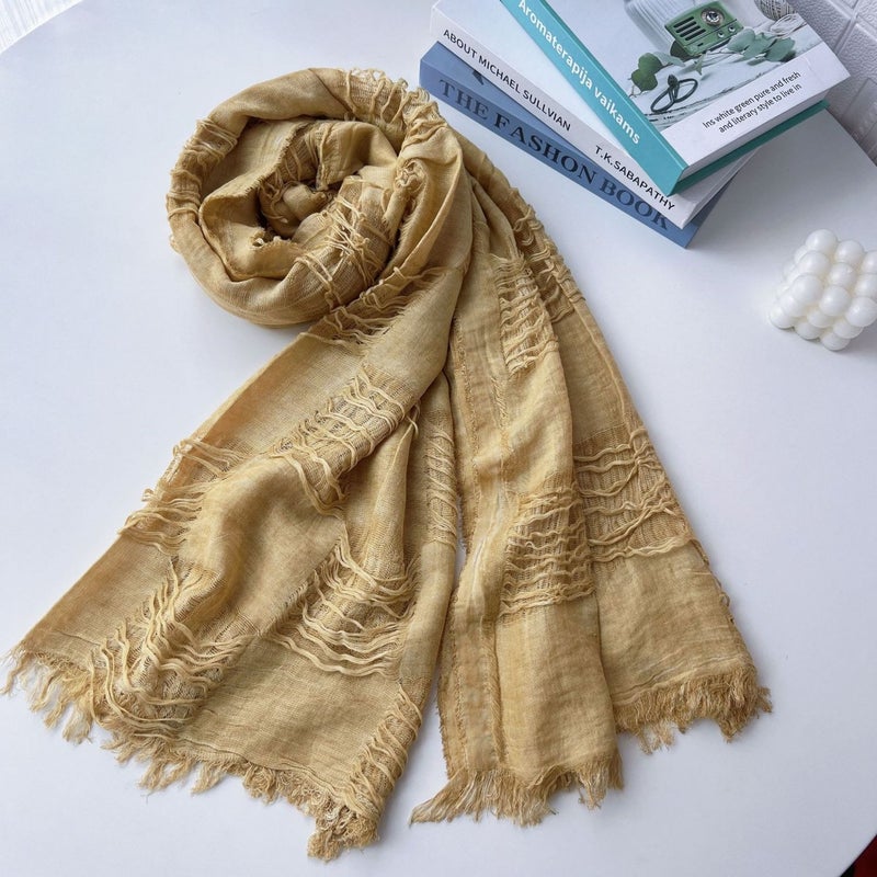 Noon Cross-Border Distressed Cotton-Linen Scarf - Vintage Washed Look, Solid Color Shawl for Spring/Autumn, Versatile Casual Hip-Hop Style