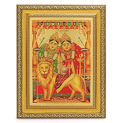 BM TRADERS Chamunda Maata Beautiful Golden Foil Photo In Wall Hanging Golden Frame 1150 x 1350 Inches