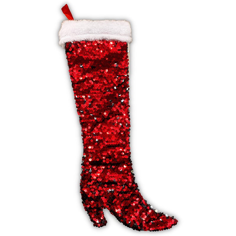 Needzo Womens High Heel Boot Shaped Reversible Sequin Christmas Stocking Red and Silver Flip Sequins Hanging Fireplace Decoration 16 Inches