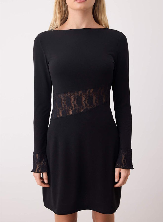 trendyol Black Lace Detail Long Sleeve Short/Mini Stretchy Knitted Dress - Image 3