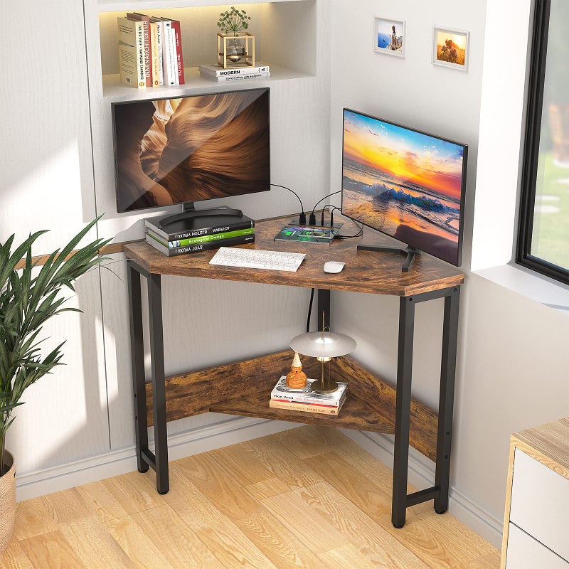 Armocity Corner Small Desk with Outlets Corner Table for Small Space Industrial Computer Desk with USB Ports Triangle Desk with Storage for Home Office, Workstation, Living Room, Bedroom, Rustic - Image 4