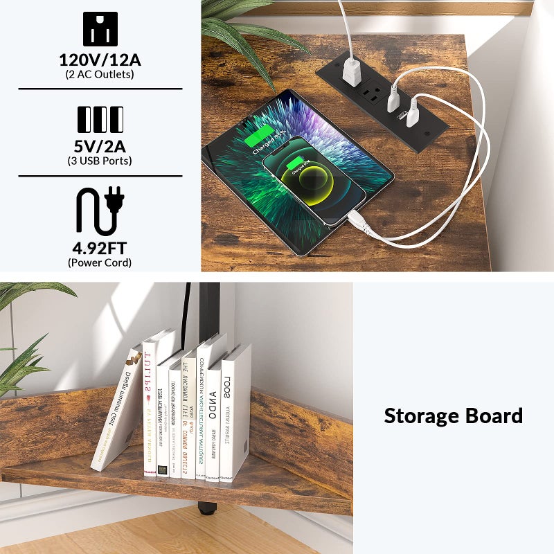 Armocity Corner Small Desk with Outlets Corner Table for Small Space Industrial Computer Desk with USB Ports Triangle Desk with Storage for Home Office, Workstation, Living Room, Bedroom, Rustic - Image 2