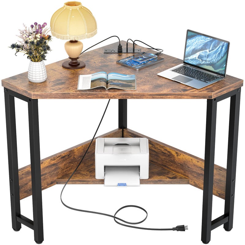 Armocity Corner Small Desk with Outlets Corner Table for Small Space Industrial Computer Desk with USB Ports Triangle Desk with Storage for Home Office, Workstation, Living Room, Bedroom, Rustic - Image 1
