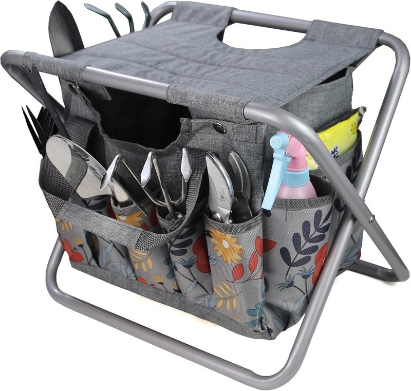 MDSTOP Folding Gardening Stool with Detachable Storage Tote Bag, Gardening Tools Set Organizer for Fishing Outdoor Sports Hiking Camping Garden, Gardening Gifts for Mom/Dad and Gardeners (Aluminum) - Image 1
