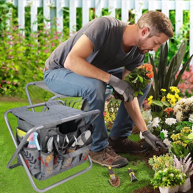 MDSTOP Folding Gardening Stool with Detachable Storage Tote Bag, Gardening Tools Set Organizer for Fishing Outdoor Sports Hiking Camping Garden, Gardening Gifts for Mom/Dad and Gardeners (Aluminum) - Image 2