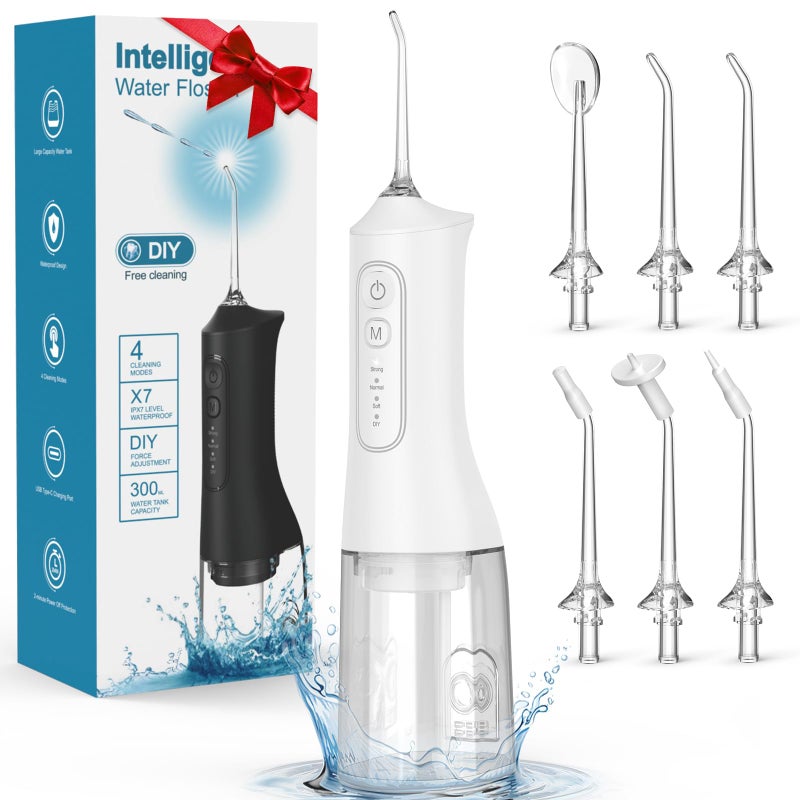 Cemobene Water Flosser, Rechargeable 300ML IPX7 Waterproof Cordless Portable Oral Irrigator with 4 Modes & 6 Replaceable Jet Tips-Professional Flossing Cleaner for Daily Home Use,Travel,Gums,Braces Care-White - Image 1