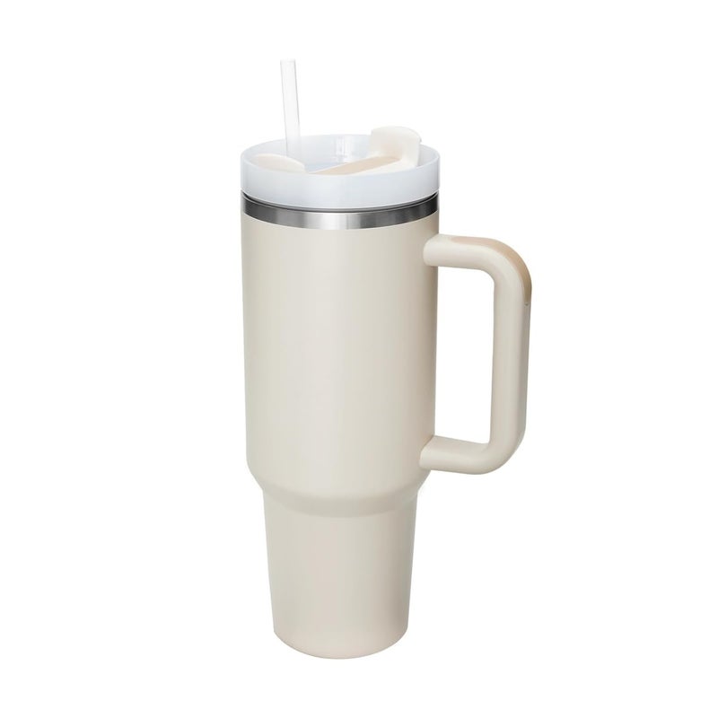 RIGJAK 1200ml Stainless Steel Vacuum Insulated Tumbler with Lid Straw Handle LeakProof DoubleWall Design for Hot Cold Drinks Perfect for Commuting Gym Office Use and Travel Beige - Image 1