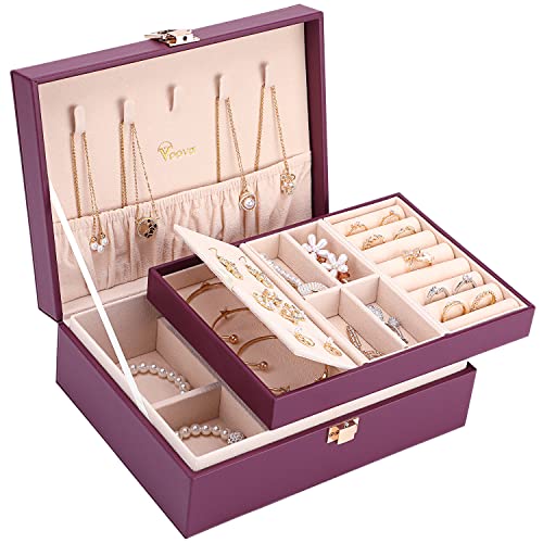 Voova Jewelry Box Organizer for Women Girls 2 Layer Large Men Jewelry Storage Case PU Leather Display Jewellery Holder with Removable Tray for Necklace Earrings Rings Bracelets Vintage Gift Purple