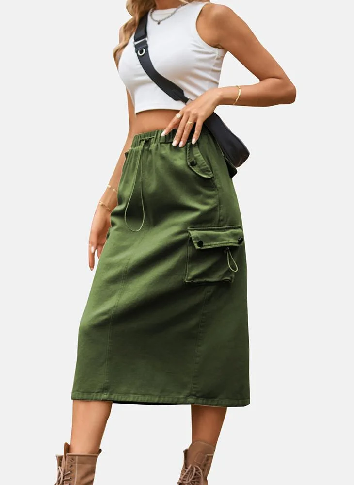 يونيكي Green Mid Rise Plain Midi Skirt