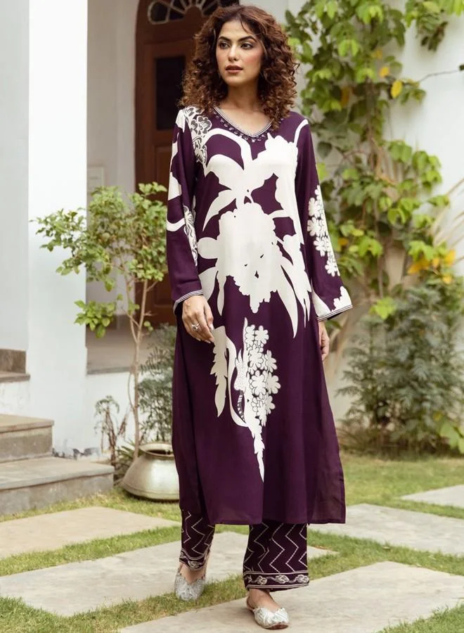 ISHIN Women'S Purple Rayon Embroidered Tunic Full Length Palazzo Straight Fit Kurta Set