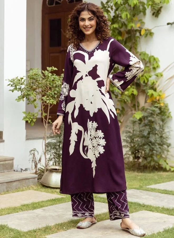 ISHIN Women'S Purple Rayon Embroidered Tunic Full Length Palazzo Straight Fit Kurta Set