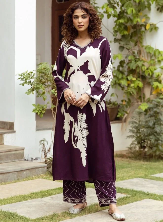 ISHIN Women'S Purple Rayon Embroidered Tunic Full Length Palazzo Straight Fit Kurta Set