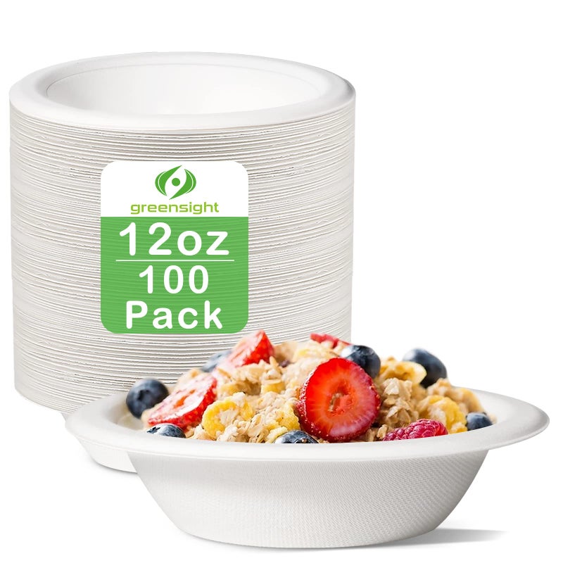 greensight 12oz Paper Bowls HeavyDuty 100 Pack Disposable Bowls for Hot SoupBiodegradable Compostable Bowls Made of White Bagasse Microwave Safe bowls for Salad Ice Cream Dessert