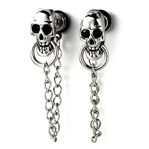COOLSTEELANDBEYOND Mens Women Skull Chain Stud Earrings Drop Dangle, Stainless Steel, Screw Back, 2 Pcs - Image 1