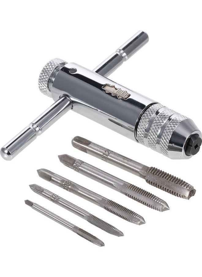 NIBEMINENT 5-Piece Adjustable T-Handle Ratcheting Wrench Thread Kit with M3-M8 Machine Screw Metric Plug Tap Silver  - Image 1