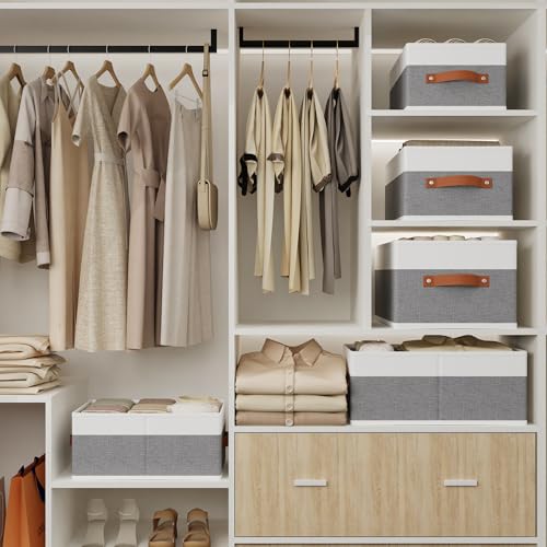 YheenLf Clothing Storage Bins, Clothes Boxes with Handles, Baskets for Organizing, Fabric bins for Shelves, 13 × 9.1 × 5.5 inch, 4 Pack, White and Grey - Image 2