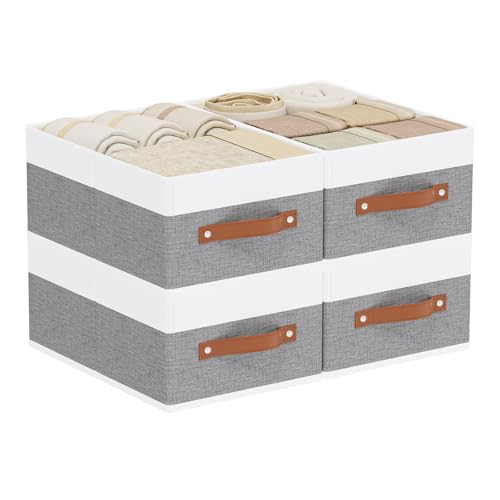 YheenLf Clothing Storage Bins, Clothes Boxes with Handles, Baskets for Organizing, Fabric bins for Shelves, 13 × 9.1 × 5.5 inch, 4 Pack, White and Grey - Image 1