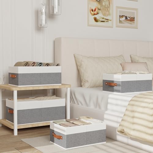 YheenLf Clothing Storage Bins, Clothes Boxes with Handles, Baskets for Organizing, Fabric bins for Shelves, 13 × 9.1 × 5.5 inch, 4 Pack, White and Grey - Image 3