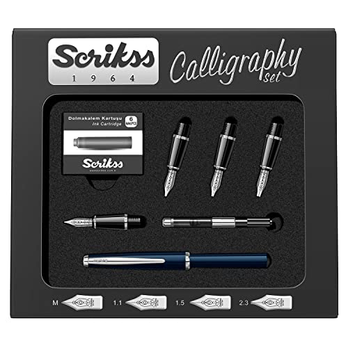 Scrikss Blue Calligraphy Pen Set Medium 1.1, 1.5, 2.3mm Nibs Chrome Trim Clip Converter 6 Black Ink Cartridges Blue Body & Cap - Image 2