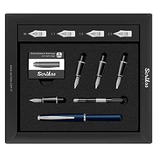 Scrikss Blue Calligraphy Pen Set Medium 1.1, 1.5, 2.3mm Nibs Chrome Trim Clip Converter 6 Black Ink Cartridges Blue Body & Cap - Image 4