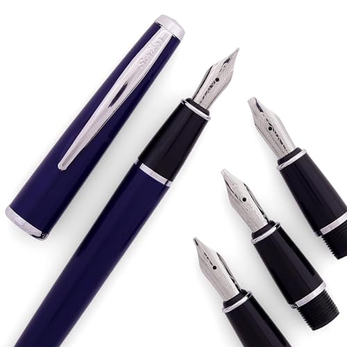 Scrikss Blue Calligraphy Pen Set Medium 1.1, 1.5, 2.3mm Nibs Chrome Trim Clip Converter 6 Black Ink Cartridges Blue Body & Cap - Image 1