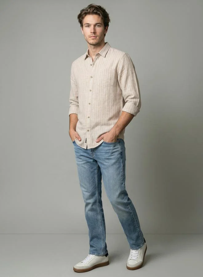Take Two Men Beige Striped Linen Shirt By SNX