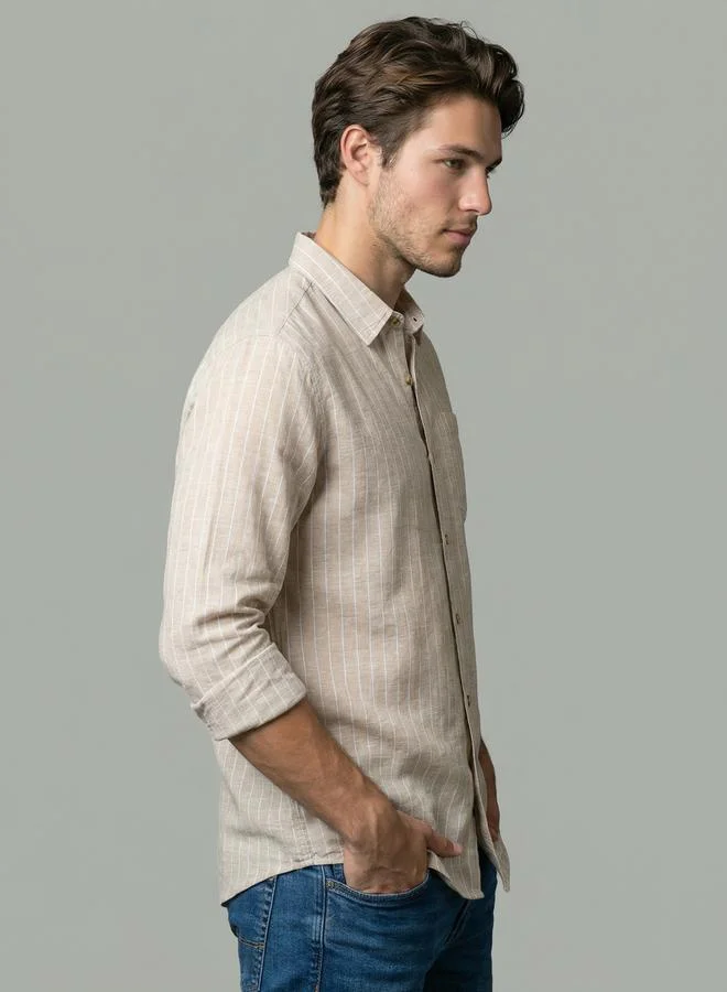 Take Two Men Beige Striped Linen Shirt By SNX