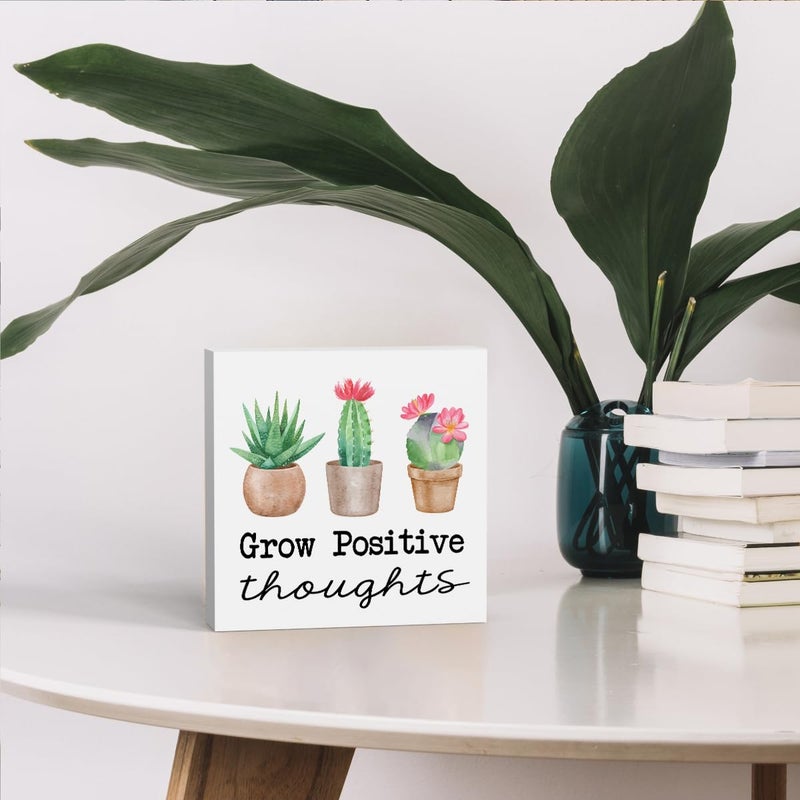 WRSUNT Summer Cactus Decorations For Home Office  Cactus Decor  Succulent Decor  Summer Decor  Succulent Cactus Themed Classroom Decor  Cactus Bathroom Decor  Grow Positive Thoughts Sign 5 X 5 Inches - Image 4