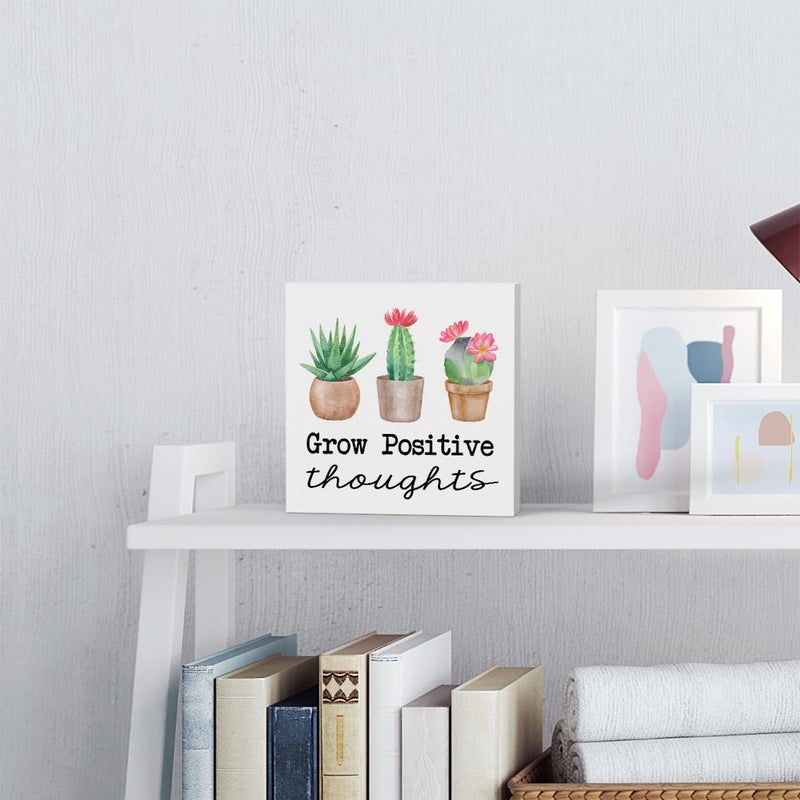 WRSUNT Summer Cactus Decorations For Home Office  Cactus Decor  Succulent Decor  Summer Decor  Succulent Cactus Themed Classroom Decor  Cactus Bathroom Decor  Grow Positive Thoughts Sign 5 X 5 Inches - Image 3