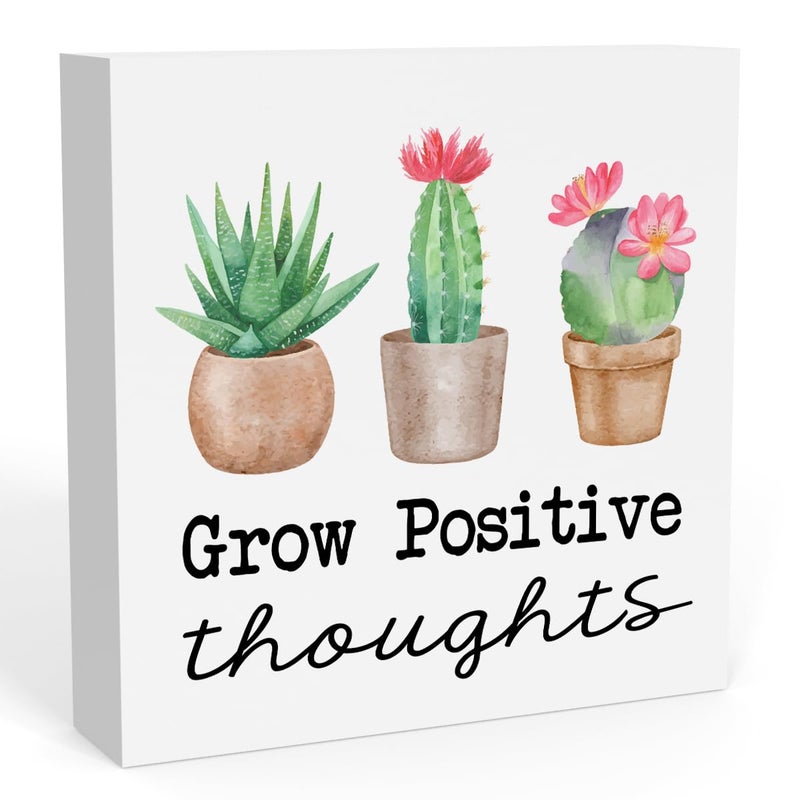 WRSUNT Summer Cactus Decorations For Home Office  Cactus Decor  Succulent Decor  Summer Decor  Succulent Cactus Themed Classroom Decor  Cactus Bathroom Decor  Grow Positive Thoughts Sign 5 X 5 Inches - Image 1