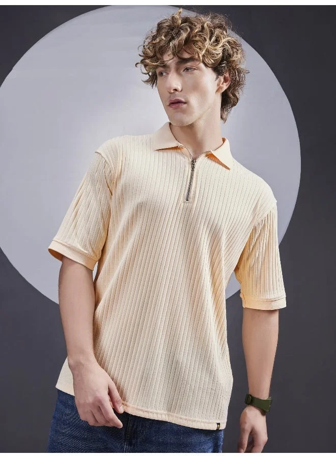 مانياك تيشيرت قطن رجالي مانياك برقبة بولو بنصف سحاب وأكمام قصيرة بلون كريمي