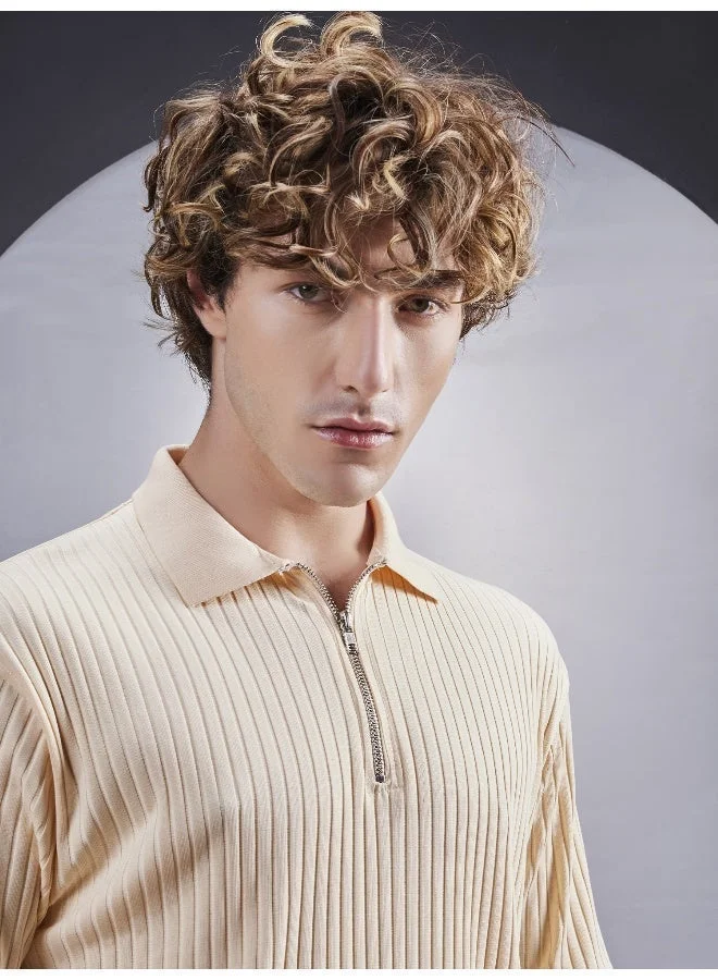 مانياك تيشيرت قطن رجالي مانياك برقبة بولو بنصف سحاب وأكمام قصيرة بلون كريمي