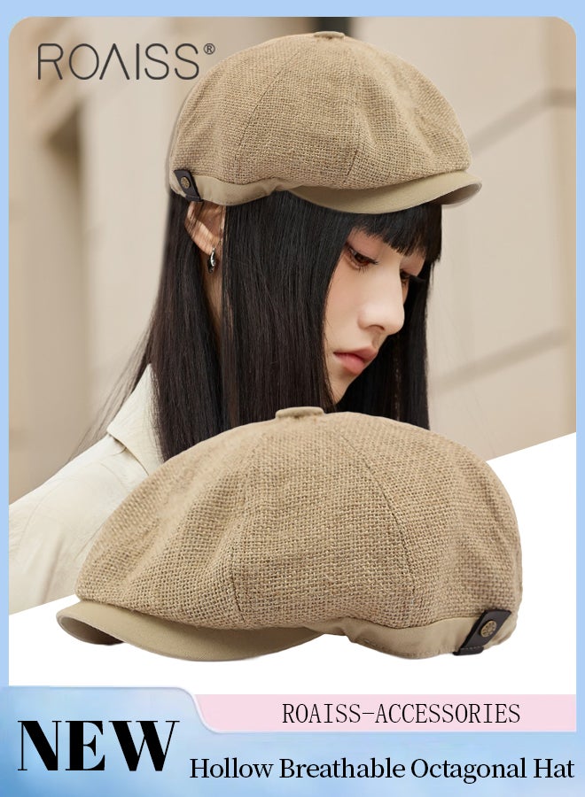 roaiss Breathable Jute Octagonal Hat for Men and Women, Comfortable and Breathable Beret, Flat Top Newsboy Cap, Retro Fashion Casual Sun Hat Adjustable Size  - Image 1