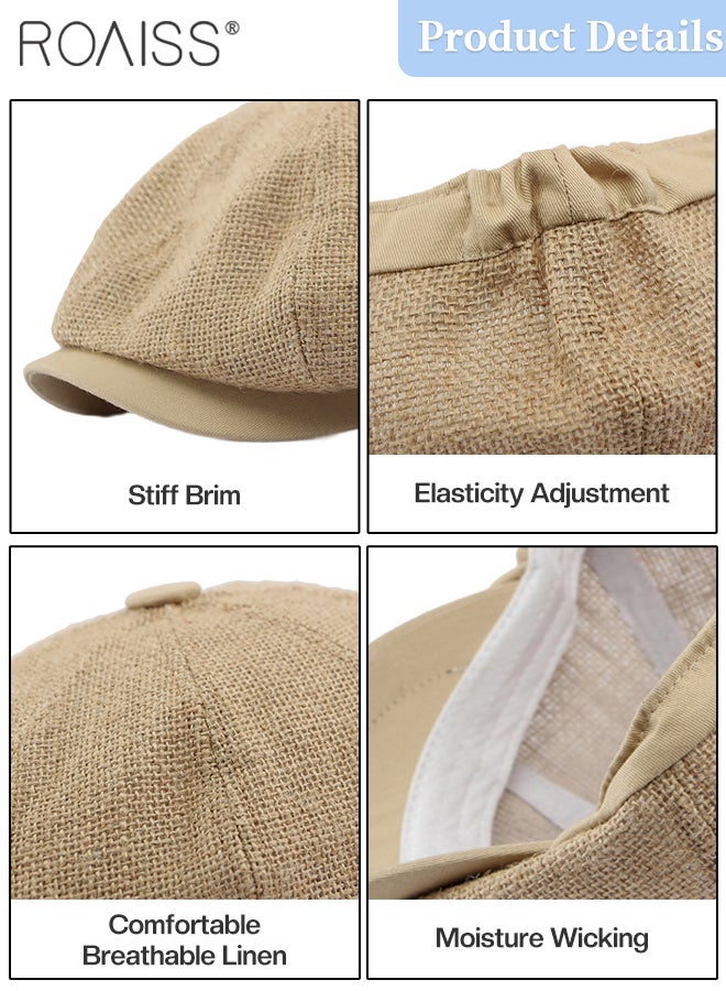 roaiss Breathable Jute Octagonal Hat for Men and Women, Comfortable and Breathable Beret, Flat Top Newsboy Cap, Retro Fashion Casual Sun Hat Adjustable Size  - Image 4