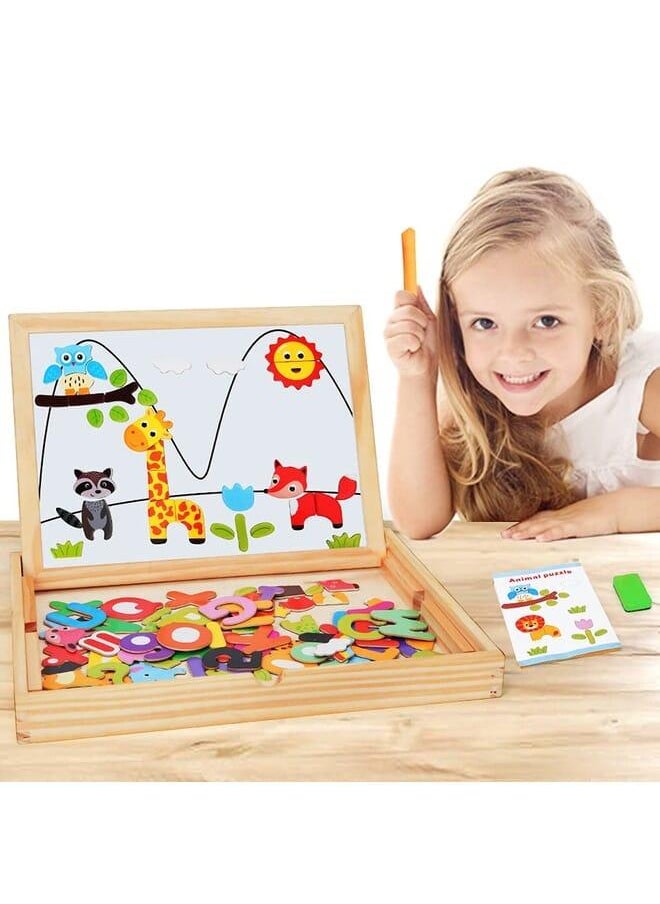 Siairo kids wooden art easel 2 side tabletop drawing board with extra letters, numbers and animal magnets puzzle shapes accessories 