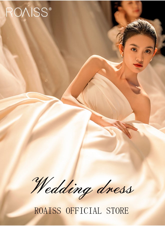 roaiss - Satin Tube Top Wedding Dress for Women Elegant Slim Fit Waist Gown Ladies Classic Light Bridal Bridesmaid Pure White Welcome Dresses with Veil for Wedding Photography - Image 1