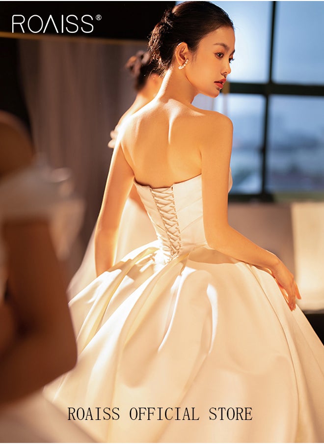 roaiss - Satin Tube Top Wedding Dress for Women Elegant Slim Fit Waist Gown Ladies Classic Light Bridal Bridesmaid Pure White Welcome Dresses with Veil for Wedding Photography - Image 1