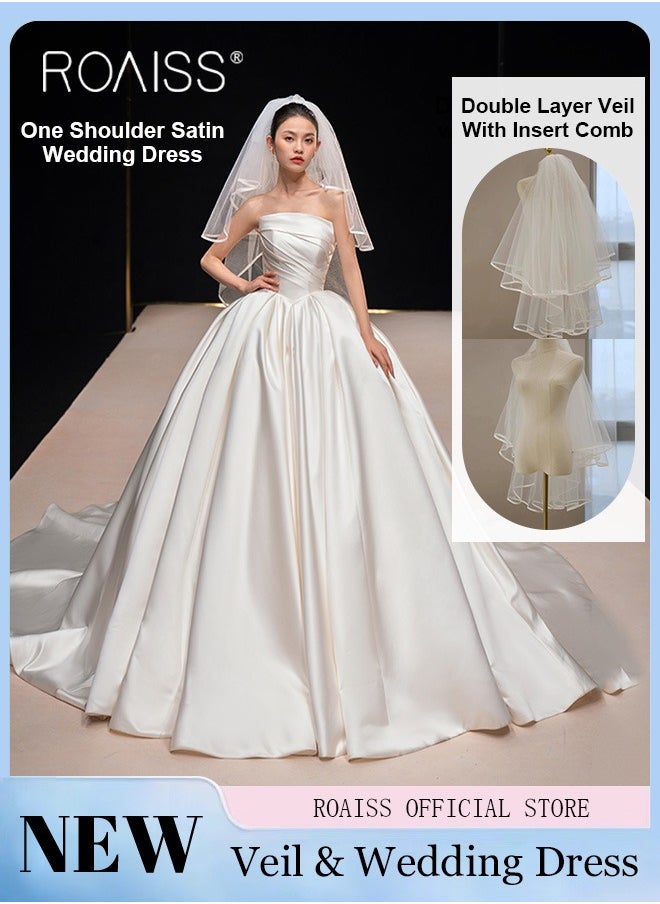 roaiss - Satin Tube Top Wedding Dress for Women Elegant Slim Fit Waist Gown Ladies Classic Light Bridal Bridesmaid Pure White Welcome Dresses with Veil for Wedding Photography - Image 1