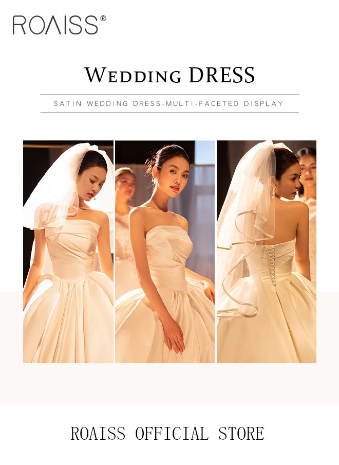 roaiss - Satin Tube Top Wedding Dress for Women Elegant Slim Fit Waist Gown Ladies Classic Light Bridal Bridesmaid Pure White Welcome Dresses with Veil for Wedding Photography - Image 1
