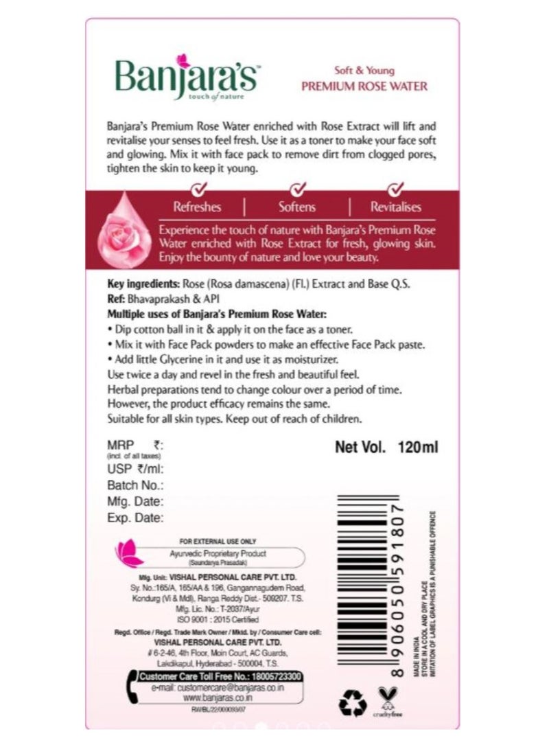 Banjara's Soft & Young Premium Rose Water Enriched with Rose Extract Tones the Skin Maintains the pH Balance of the Skin - 120ml - Image 2