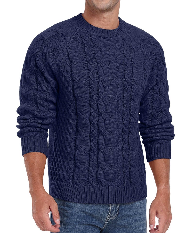 Askdeer Men's Pullover Sweater Cable Knit Crewneck Sweater Long Sleeve Classic Casual Sweater Tops Navy Blue - Image 2