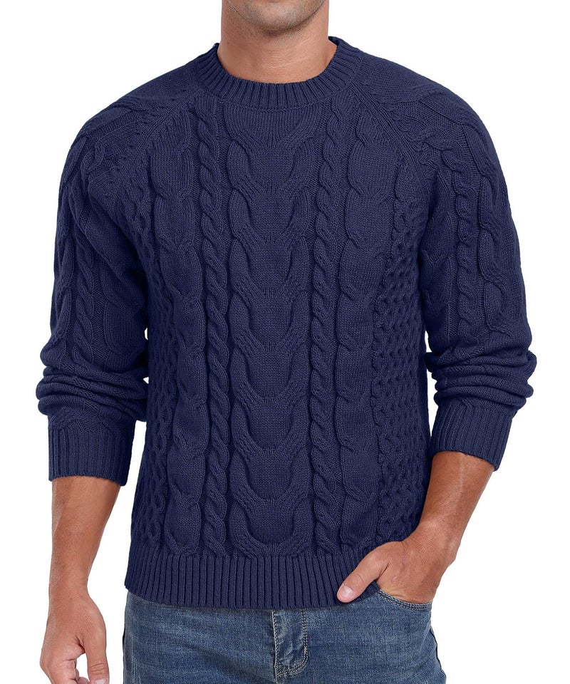 Askdeer Men's Pullover Sweater Cable Knit Crewneck Sweater Long Sleeve Classic Casual Sweater Tops Navy Blue - Image 1