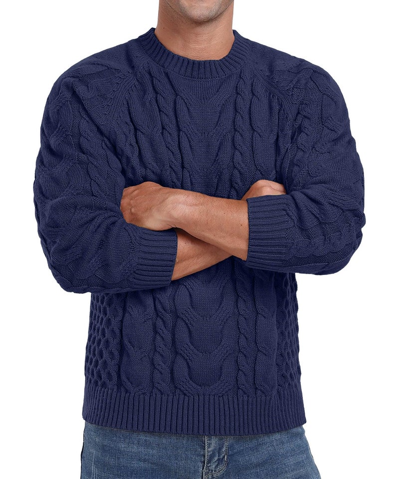 Askdeer Men's Pullover Sweater Cable Knit Crewneck Sweater Long Sleeve Classic Casual Sweater Tops Navy Blue - Image 3