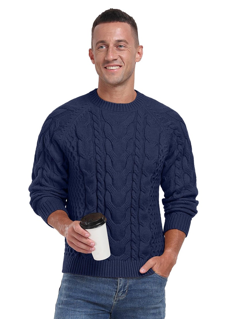 Askdeer Men's Pullover Sweater Cable Knit Crewneck Sweater Long Sleeve Classic Casual Sweater Tops Navy Blue - Image 5
