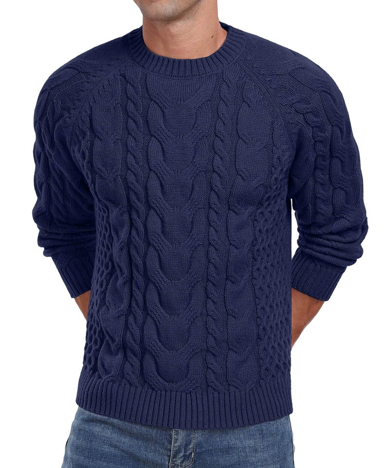 Askdeer Men's Pullover Sweater Cable Knit Crewneck Sweater Long Sleeve Classic Casual Sweater Tops Navy Blue - Image 4